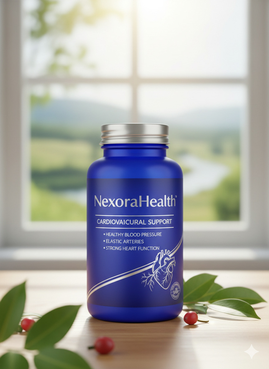 NexoraHealth supplement bottle on a neutral surface with soft studio lighting